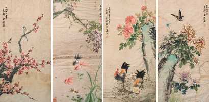 金少石 花鸟 四屏